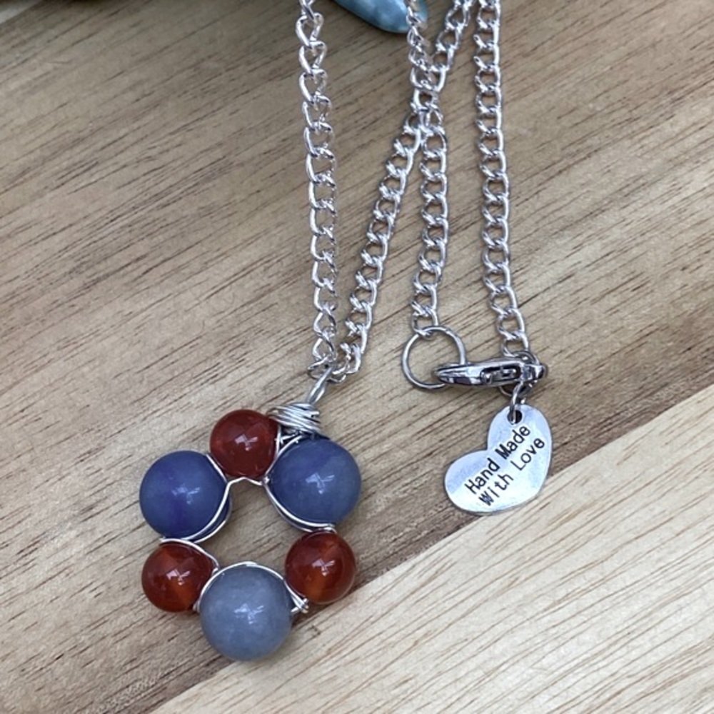 New Handcrafted Artisan Wire Wrapped Blue Aventurine, Red Agate Pendant Necklace